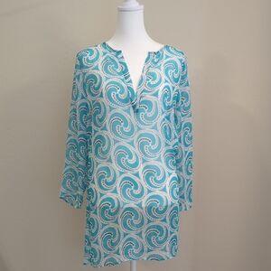 New York & Company Aqua and White Patterned Tunic